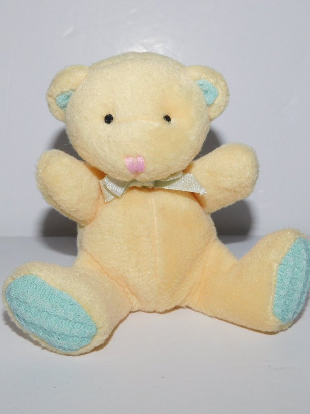 VTG Russ 4" Mini Small Yellow Teddy Bear with Green / Aqua Waffle Feet Ears 1707
